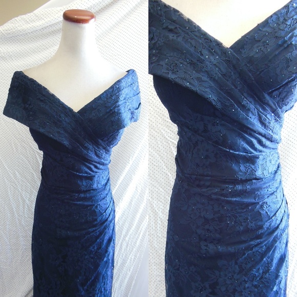 NEW LA FEMME Navy PORTRAIT NECK Ruched Waist SPARKLE LACE Trumpet EVENING GOWN 8 - Picture 6 of 16